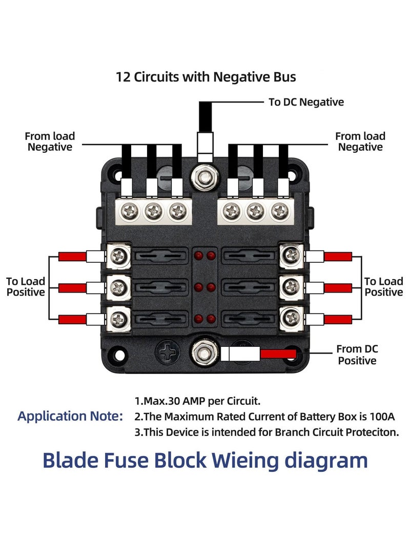 Excefore 6 Way Fuse Block,12V Blade Circuit ATC/ATO Waterproof Box Holder with LED Indicator Waterpoof Cover for 12V/24V Automotive Truck Boat Marine RV Van Vehicle (with 12 pcs Fuse) - Image 3
