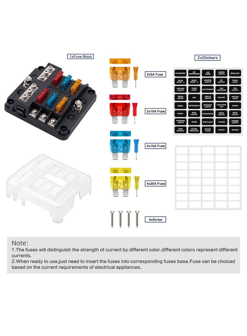 Excefore 6 Way Fuse Block,12V Blade Circuit ATC/ATO Waterproof Box Holder with LED Indicator Waterpoof Cover for 12V/24V Automotive Truck Boat Marine RV Van Vehicle (with 12 pcs Fuse) - Image 5