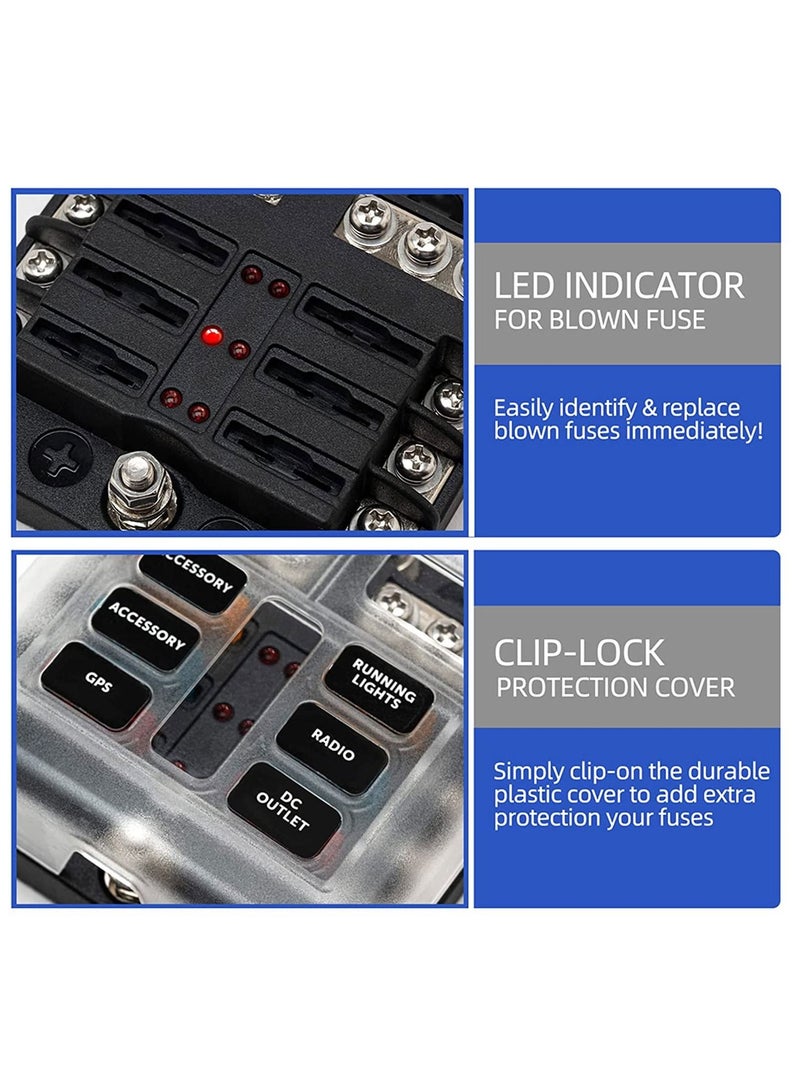 Excefore 6 Way Fuse Block,12V Blade Circuit ATC/ATO Waterproof Box Holder with LED Indicator Waterpoof Cover for 12V/24V Automotive Truck Boat Marine RV Van Vehicle (with 12 pcs Fuse) - Image 2