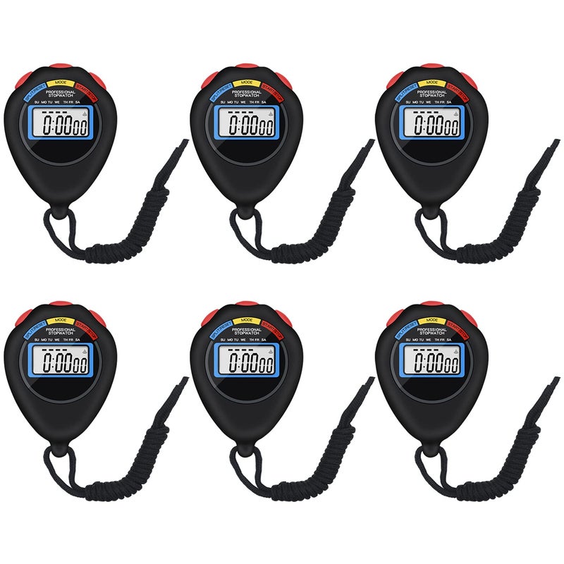 6 Pack MultiFunction Electronic Digital Sport Stopwatch Timer Large Display with Date Time and Alarm FunctionSuitable for Sports Coaches Fitness Coaches and Referees Yellow