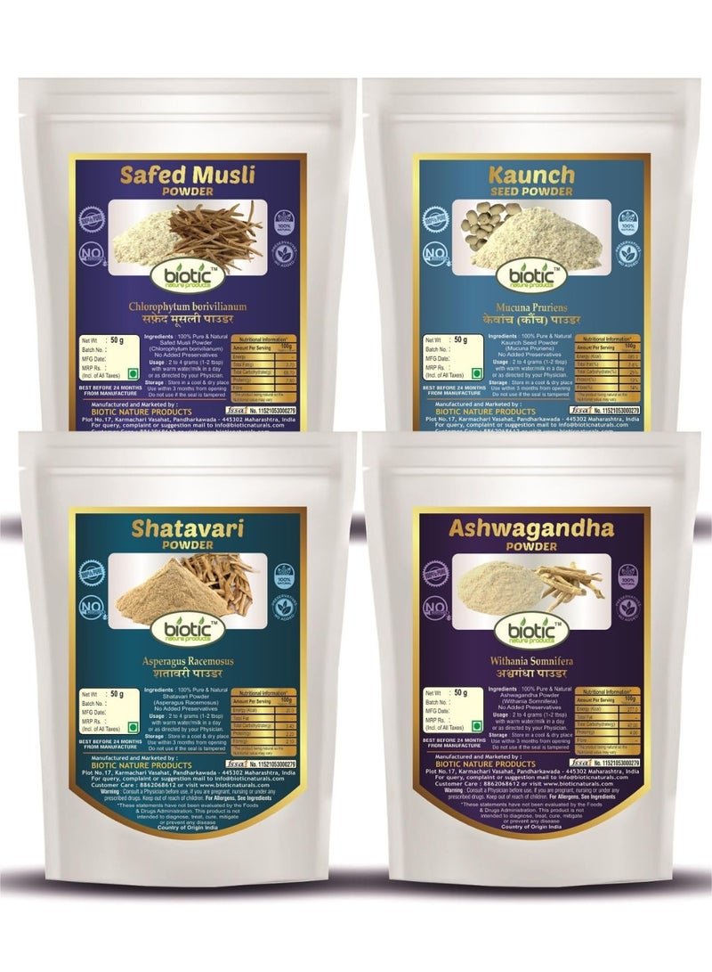 Biotic Safed Musli, Ashwagandha, Shatavari & Kaunch Seed Powder - 200gms (50gms each) - Image 1