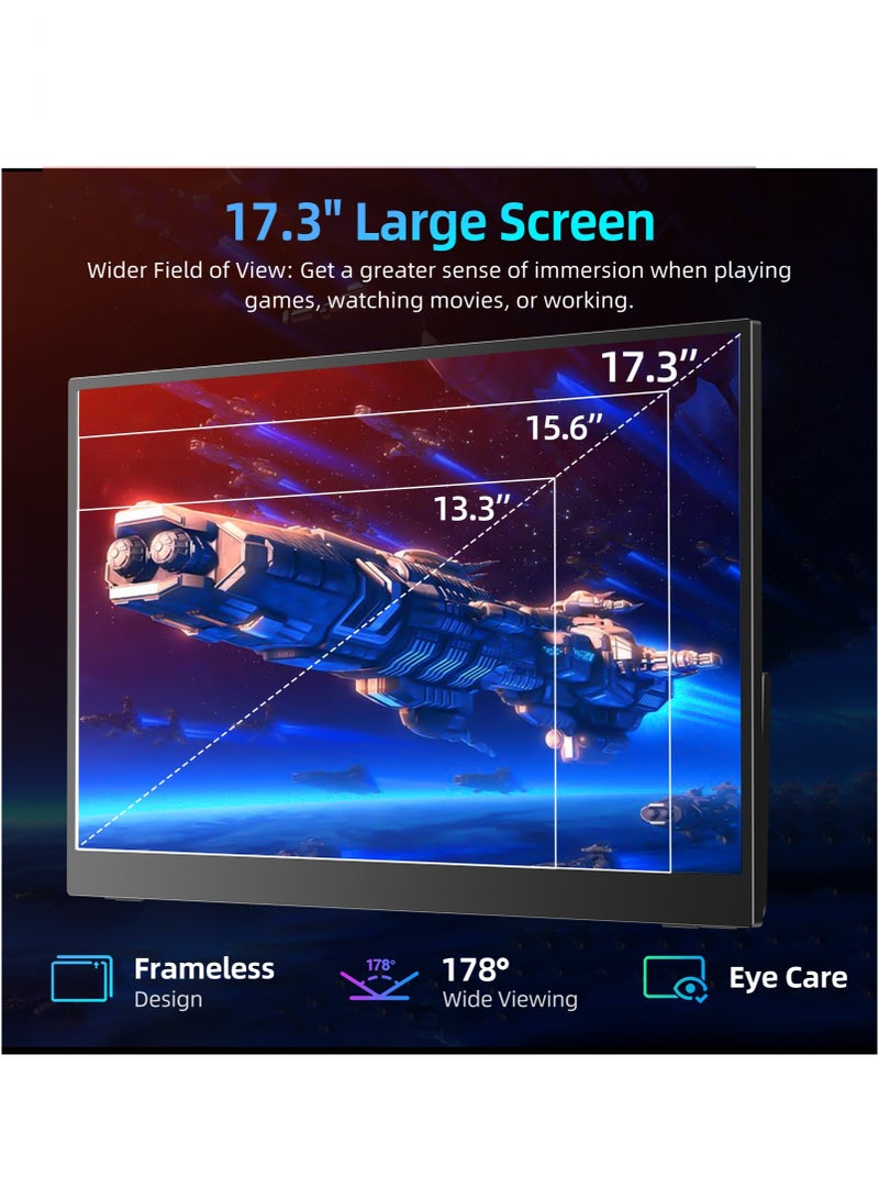 UPERFECT Portable Monitor 17.3 Inch 144 Hz External Mobile Screen 1920 × 1080 FHD IPS with HDMI/Type-C/USB-C, Gaming Monitor for Laptop/PC/Game Console, VESA Compatible - Image 2