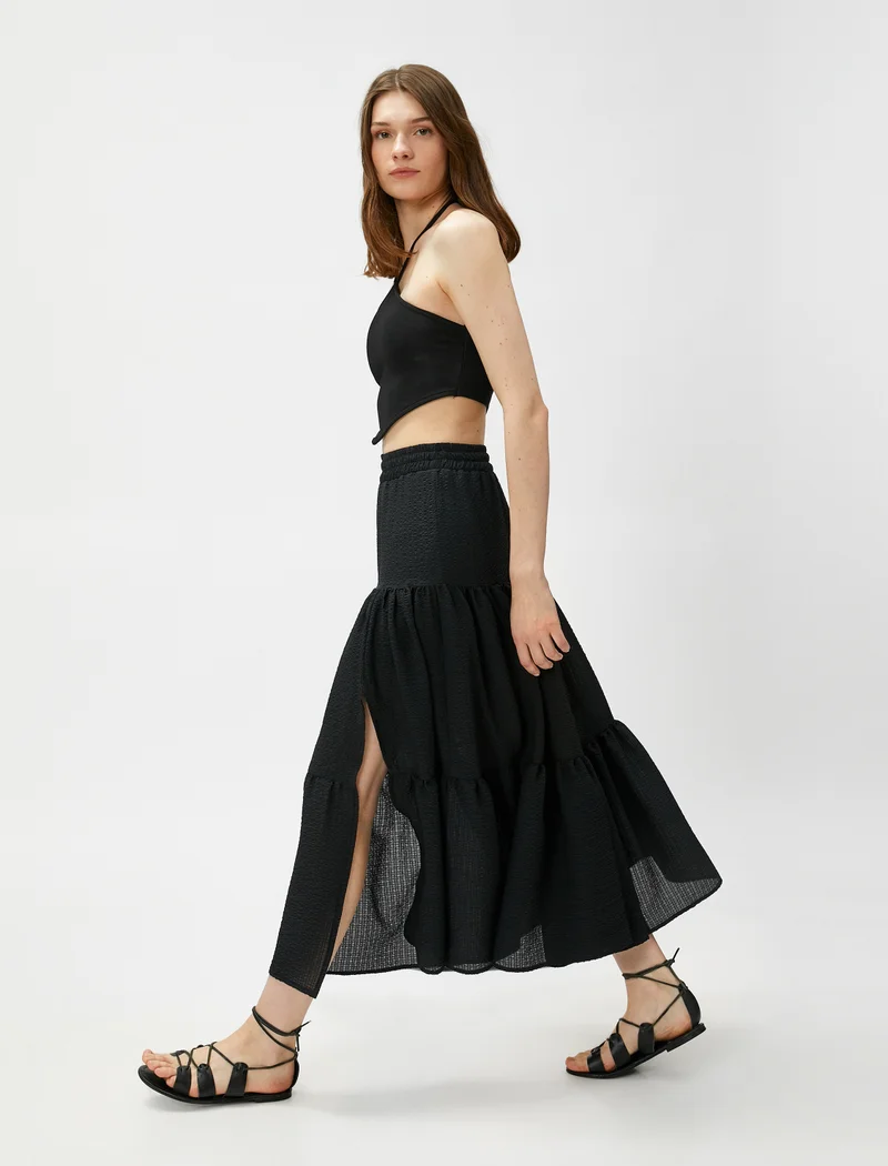 كوتون Tiered Midi Skirt Elastic Waist