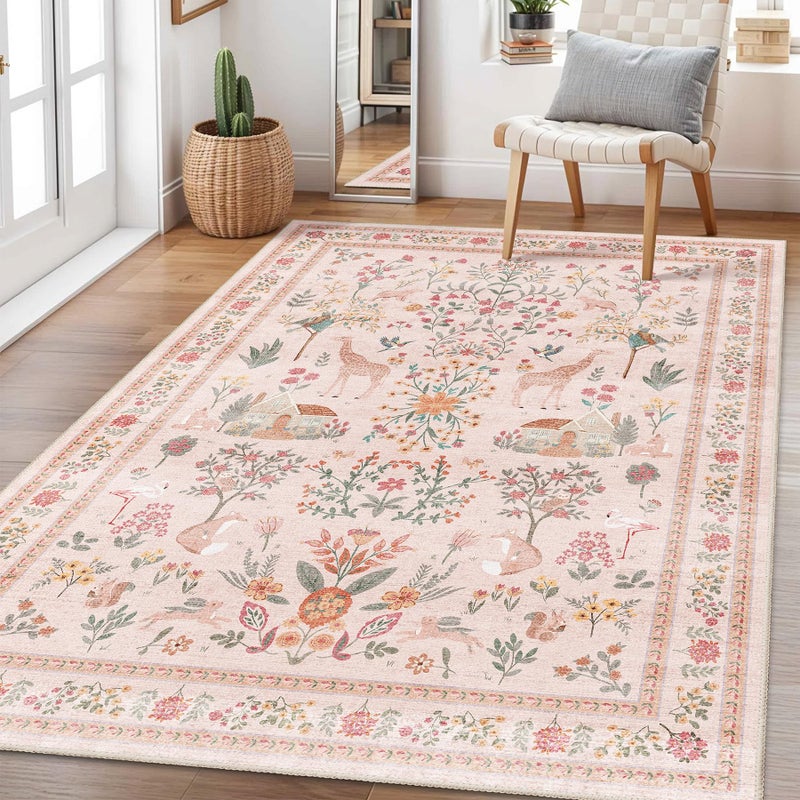 YesRug Pink Rug 3x5, Washable Boho Floral Botanical Animal Area Rug with Non Slip Backing Design,Indoor Soft Low Pile Carpet for Bedroom, Bedside, Kitchen, Kids Room, College Dorm for Girls - Image 1