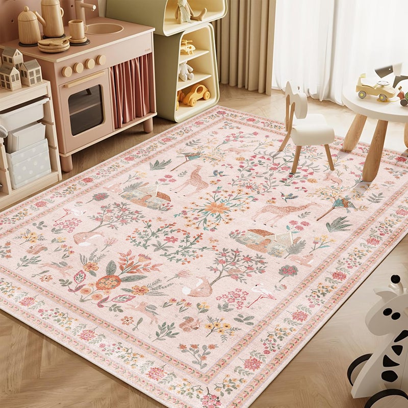 YesRug Pink Rug 3x5, Washable Boho Floral Botanical Animal Area Rug with Non Slip Backing Design,Indoor Soft Low Pile Carpet for Bedroom, Bedside, Kitchen, Kids Room, College Dorm for Girls - Image 2