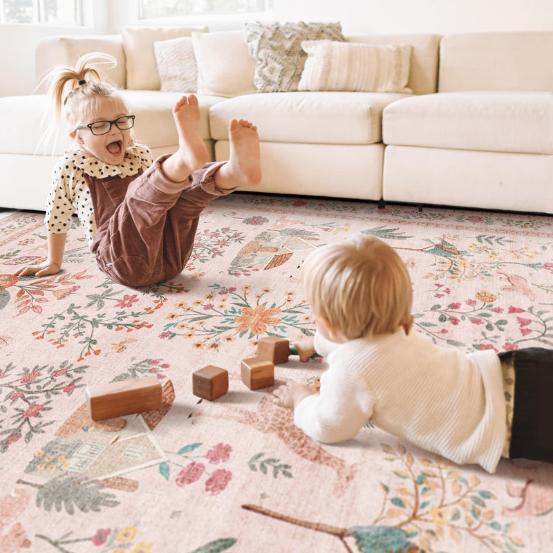 YesRug Pink Rug 3x5, Washable Boho Floral Botanical Animal Area Rug with Non Slip Backing Design,Indoor Soft Low Pile Carpet for Bedroom, Bedside, Kitchen, Kids Room, College Dorm for Girls - Image 3