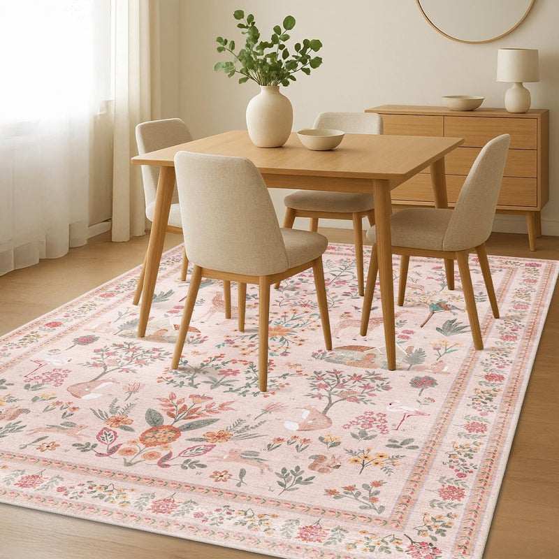 YesRug Pink Rug 3x5, Washable Boho Floral Botanical Animal Area Rug with Non Slip Backing Design,Indoor Soft Low Pile Carpet for Bedroom, Bedside, Kitchen, Kids Room, College Dorm for Girls - Image 5