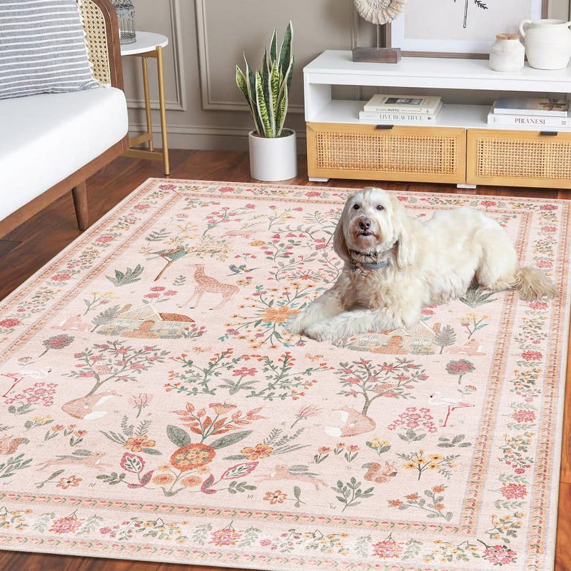 YesRug Pink Rug 3x5, Washable Boho Floral Botanical Animal Area Rug with Non Slip Backing Design,Indoor Soft Low Pile Carpet for Bedroom, Bedside, Kitchen, Kids Room, College Dorm for Girls - Image 4