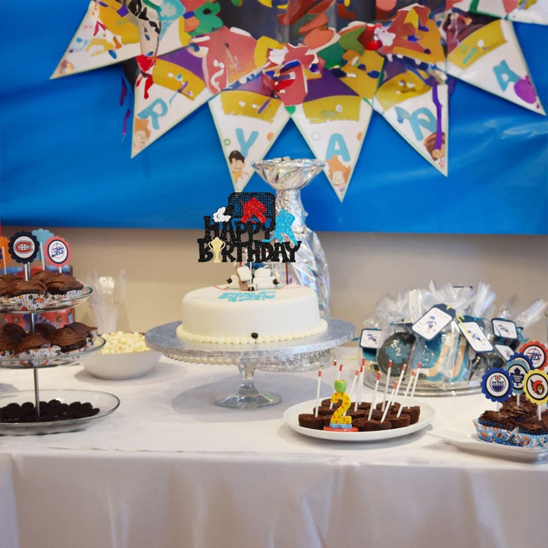 Ephlyn 1Pc Hockey Happy Birthday Cake Topper Glitter Ice Hockey Player Sports Theme Cake Pick Decorations for Hockey Theme Baby Shower Boys Girls Birthday Party Supplies Black - Image 4