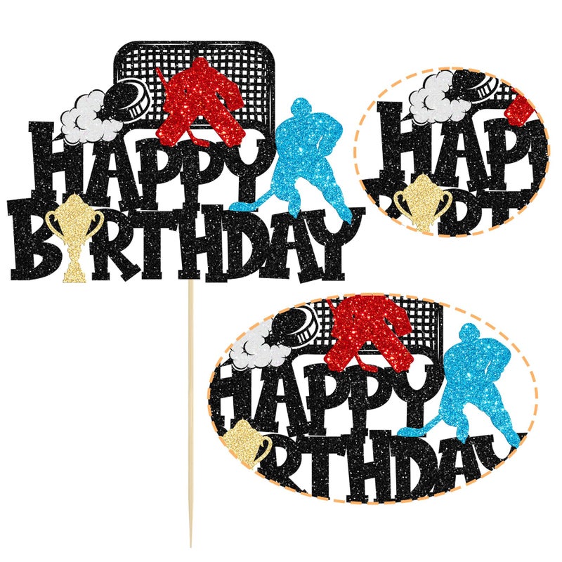 Ephlyn 1Pc Hockey Happy Birthday Cake Topper Glitter Ice Hockey Player Sports Theme Cake Pick Decorations for Hockey Theme Baby Shower Boys Girls Birthday Party Supplies Black - Image 3