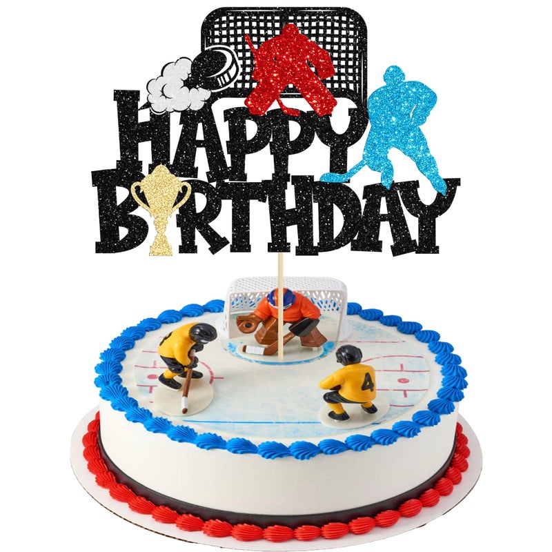Ephlyn 1Pc Hockey Happy Birthday Cake Topper Glitter Ice Hockey Player Sports Theme Cake Pick Decorations for Hockey Theme Baby Shower Boys Girls Birthday Party Supplies Black - Image 1