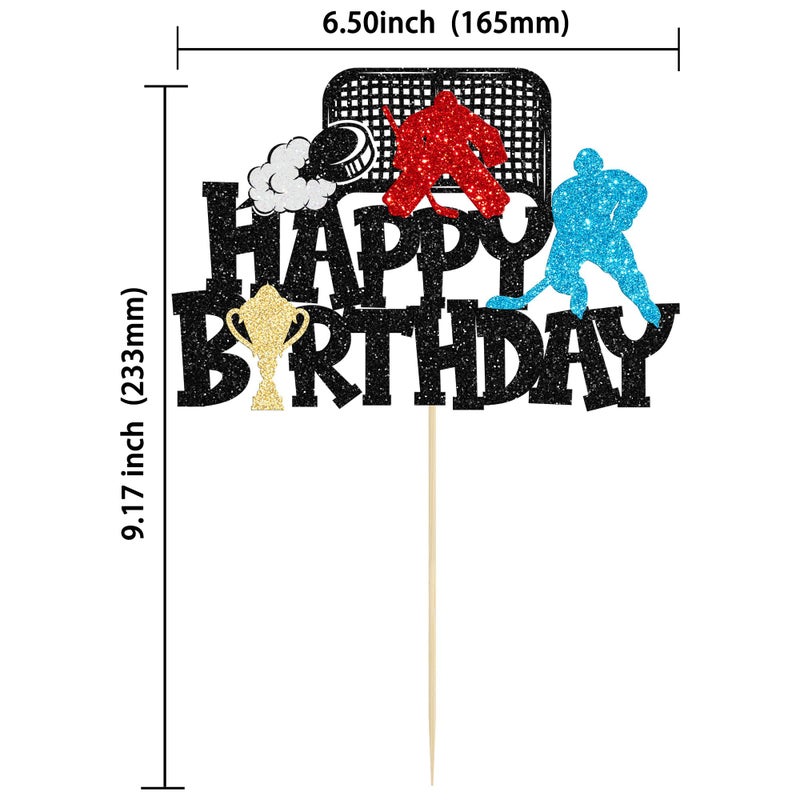 Ephlyn 1Pc Hockey Happy Birthday Cake Topper Glitter Ice Hockey Player Sports Theme Cake Pick Decorations for Hockey Theme Baby Shower Boys Girls Birthday Party Supplies Black - Image 2
