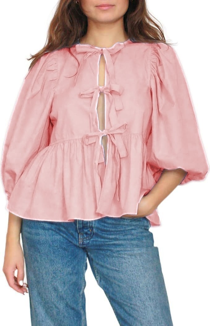 Womens Lace-Up Front Top Leopard Print Ruffled Doll Top 3/4 Length Puff Sleeve Pure Pink