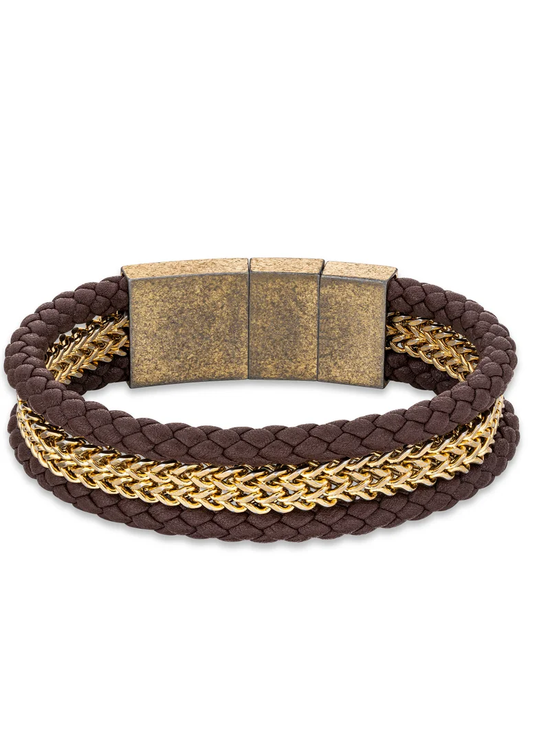 بوليس Lance Antique Gold & Brown Leather Bracelet for Men   Size S
