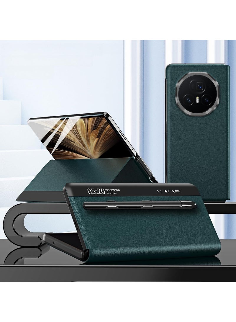 general Hard Leather Case Compatible Honor Magic V5 Case with Foldable Stand and Pen Holder, Smart Window Leather Shock and Drop Protection Case