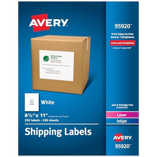 Avery Full Sheet Printable Shipping Labels, 8.5" x 11", White, 250 Blank Mailing Labels, Great for Packages, Product Merchandising, Organization, and More (95920) - Image 1