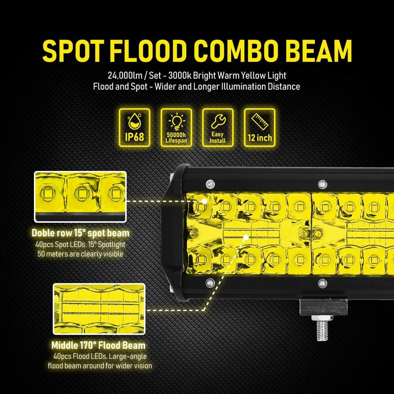 ADTOPI Samman 12 Inch Yellow Fog Lights 240W 24000LM LED Light Bar Offroad Spot Flood Combo - Image 3