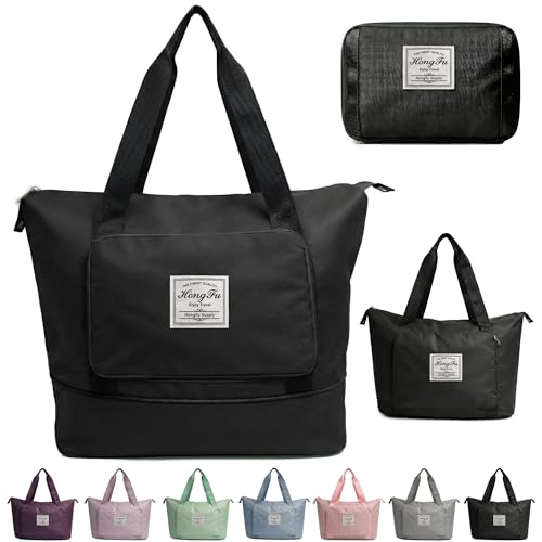 VERAT Nylon 41L Expandable Travel Bag for Women, Foldable Waterproof Duffle Bag, Lightweight Carry-On Luggage with Wet Pocket, Vanity Handbag for Travel & Gym (Black, 41 Liter) - Image 1