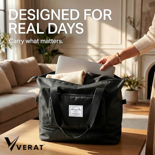 VERAT Nylon 41L Expandable Travel Bag for Women, Foldable Waterproof Duffle Bag, Lightweight Carry-On Luggage with Wet Pocket, Vanity Handbag for Travel & Gym (Black, 41 Liter) - Image 4