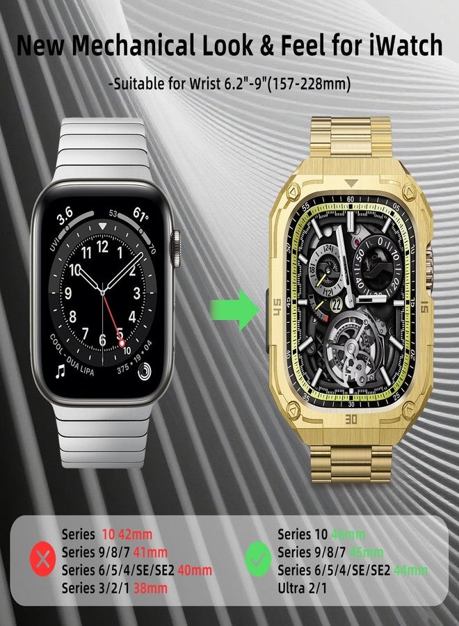 PanPinnacle Mechanical Metal Watch Case with Band Compatible with Apple Watch Series 10 46mm Band, Stainless Steel Protective Bumper Cover iwatch Band Strap for Men,Gold - Image 3