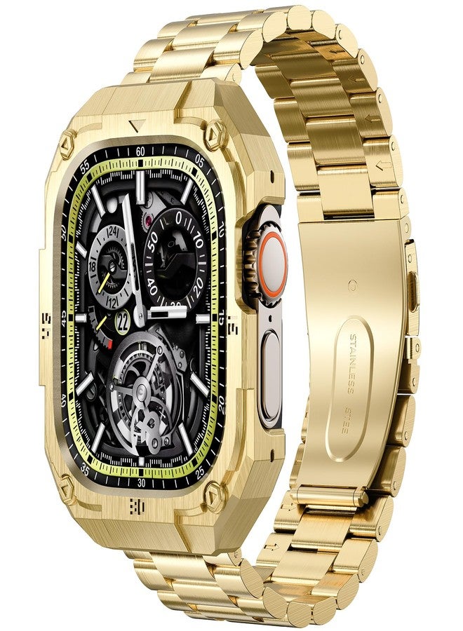 PanPinnacle Mechanical Metal Watch Case with Band Compatible with Apple Watch Series 10 46mm Band, Stainless Steel Protective Bumper Cover iwatch Band Strap for Men,Gold - Image 1