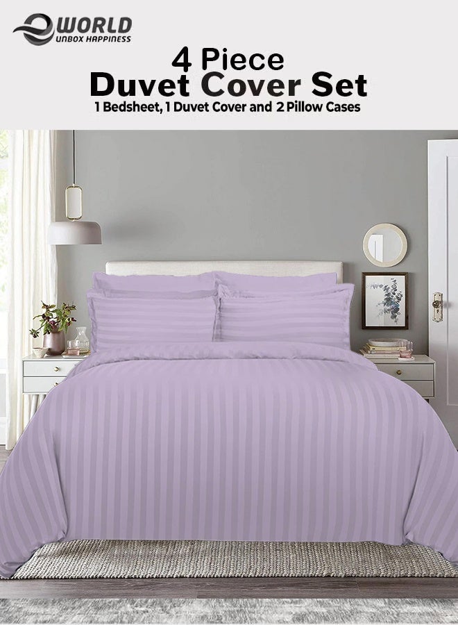 إي وورلد طقم لحاف مخطط فاخر لكل المواسم – طقم 4 قطع باللون الليلكي | حجم كينغ 220×240 سم | فائق النعومة، مقاوم للتجاعيد ومصنوع في دبي | يشمل غطاء لحاف، ملاءة مطاطية (200×200 سم) و2 كيس وسادة (50×70 سم) - Image 1