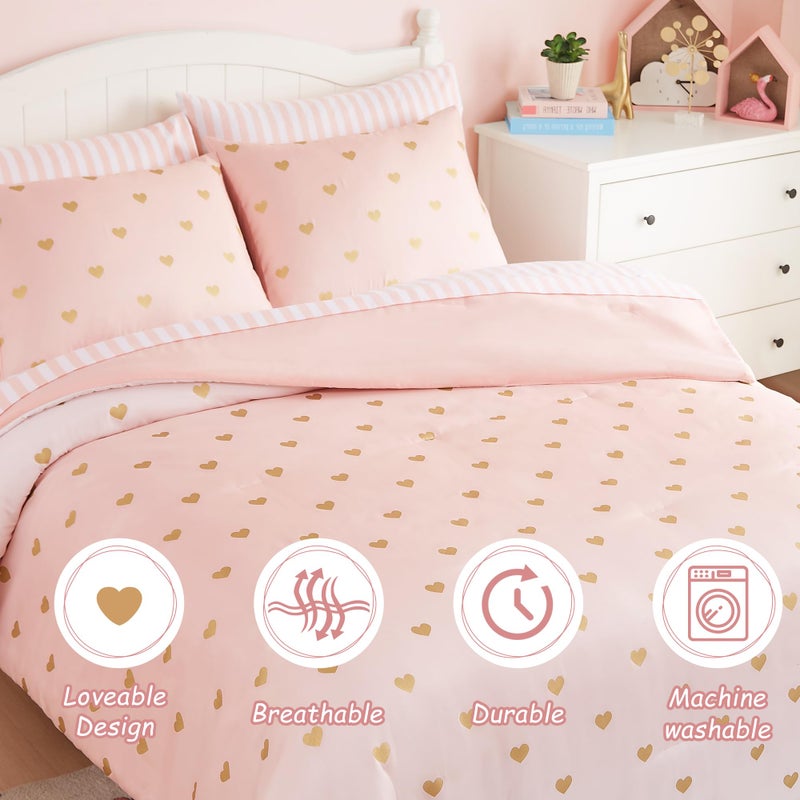 Wink Deer Full Size Comforter Sets with Sheets for Girls-7 Pieces Full Size Bedding Sets with Pink Comforter, Sheets, Pillowcases & Shams for Kids (Pink Gold Heart, 76" X 86") - Image 4