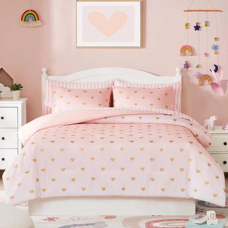 Wink Deer Full Size Comforter Sets with Sheets for Girls-7 Pieces Full Size Bedding Sets with Pink Comforter, Sheets, Pillowcases & Shams for Kids (Pink Gold Heart, 76" X 86") - Image 1