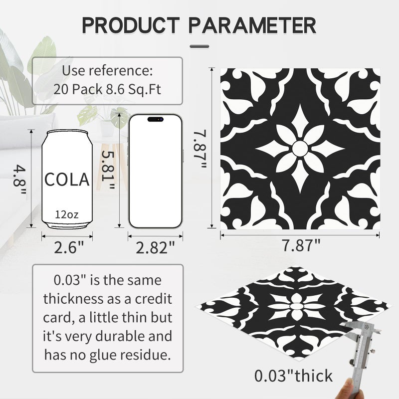 MORCART 7.87" x 7.87" Peel and Stick Floor Tile, 20 PCS Self-Adhesive DIY Vinyl Flooring for Renters, Removable and Waterproof Tile Sticker for Bathroom, Kitchen, Staircase (Black & White Retro) - Image 2
