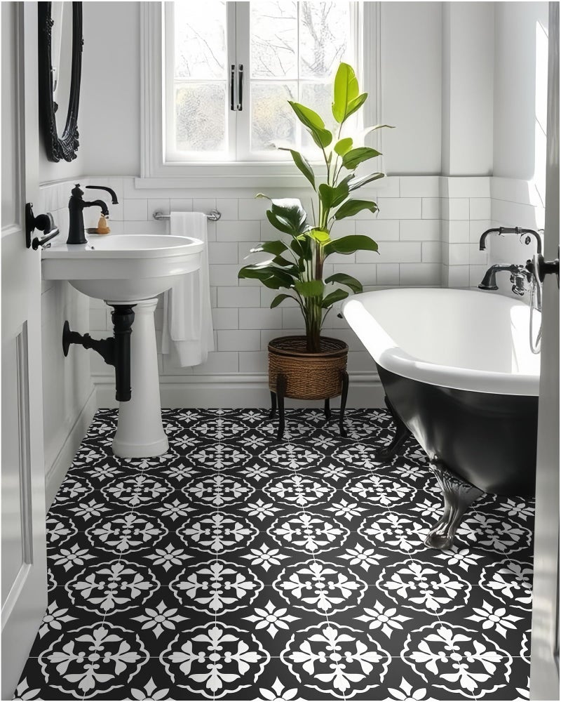 MORCART 7.87" x 7.87" Peel and Stick Floor Tile, 20 PCS Self-Adhesive DIY Vinyl Flooring for Renters, Removable and Waterproof Tile Sticker for Bathroom, Kitchen, Staircase (Black & White Retro) - Image 1