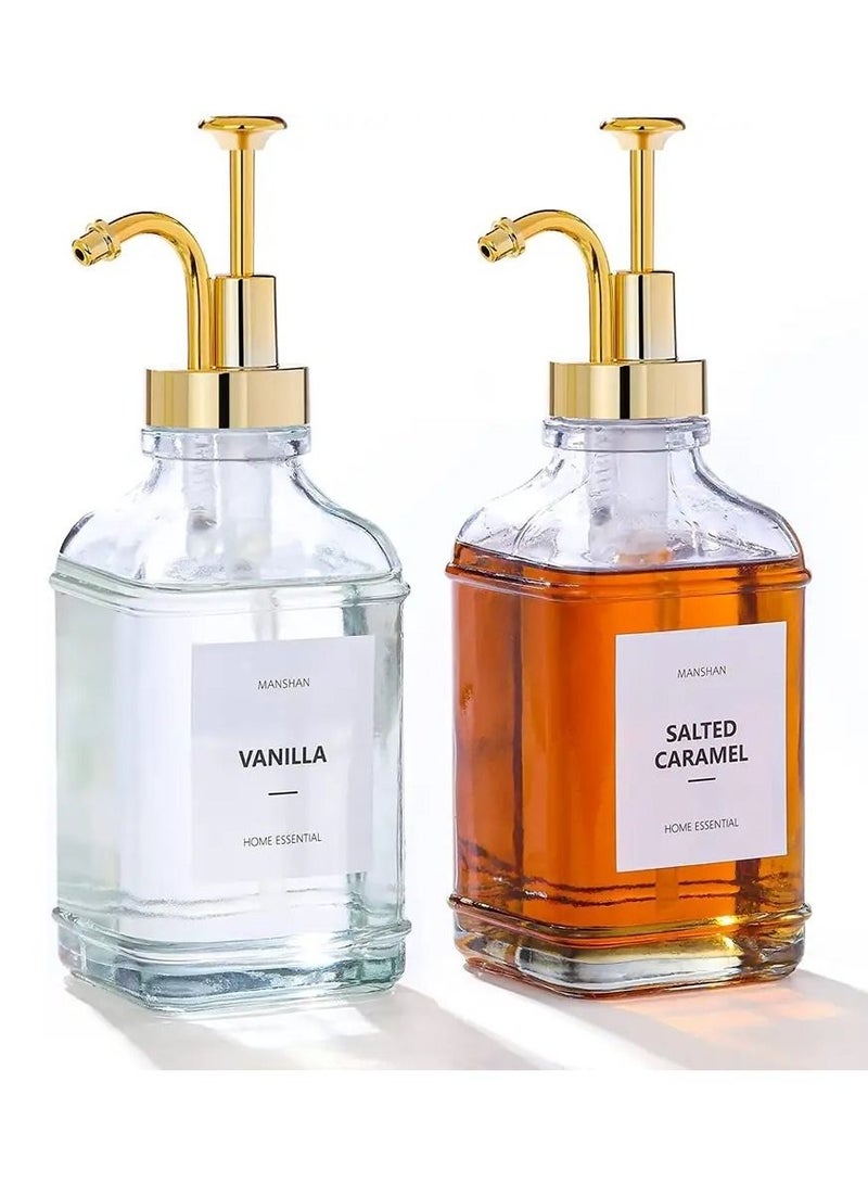 Caramel Vanilla Coffee Syrup Glass Pump Dispenser Bottle for Coffee Bar and Kitchen - 17oz or 500ml (Set of 2, Gold) - Image 1