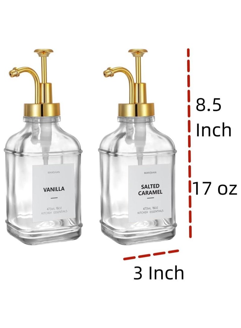 Caramel Vanilla Coffee Syrup Glass Pump Dispenser Bottle for Coffee Bar and Kitchen - 17oz or 500ml (Set of 2, Gold) - Image 3