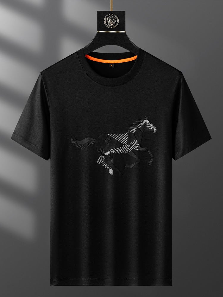 2025 Summer Ice Silk Tencel Cotton Embroidered War Horse Short-Sleeved Men'S T-Shirt Micro Loose Fashionable Men'S Round Neck Half Sleeve - Image 3