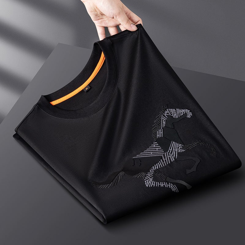 2025 Summer Ice Silk Tencel Cotton Embroidered War Horse Short-Sleeved Men'S T-Shirt Micro Loose Fashionable Men'S Round Neck Half Sleeve - Image 1