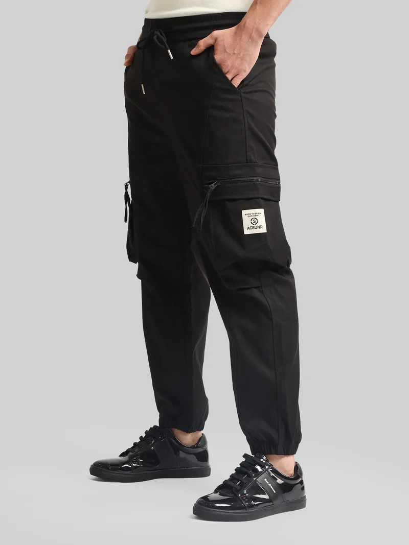مانياك Maniac Mens Solid Black Cotton Blend Cargo Pant