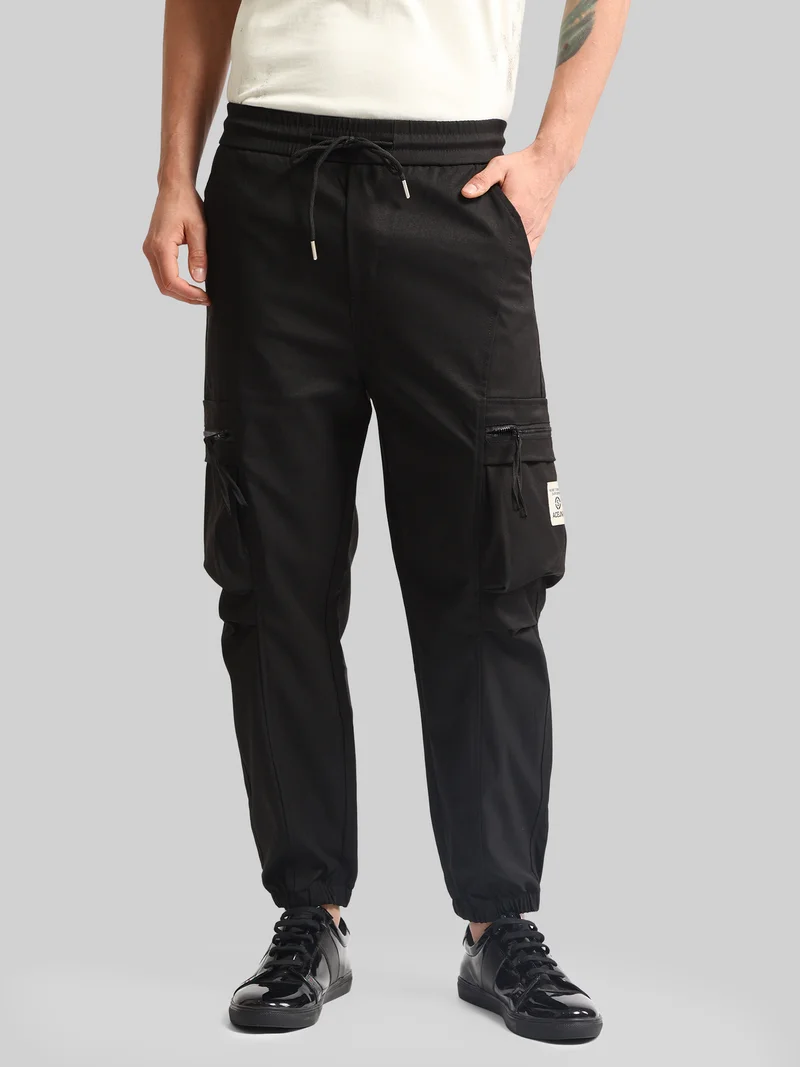 مانياك Maniac Mens Solid Black Cotton Blend Cargo Pant
