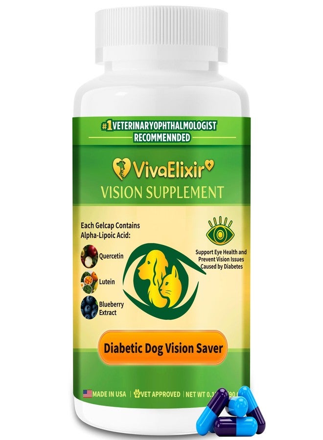 VivaElixir Diabetic Dog Vision Support Supplement– Alpha-Lipoic Acid, Lutein, Taurine & Blueberry Extract | Antioxidants Supports Eye Health & Protects Vision in Diabetic Dogs -90 Capsules - Image 1