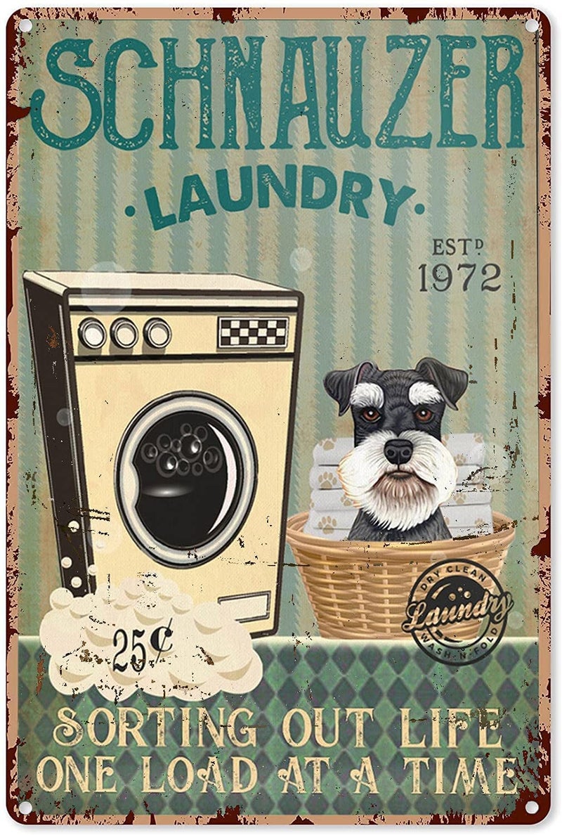 Mocozim Laundry Metal Wall Decor Schnauzer Dog Laundry Company Sorting Out Life One Load at a Time Metal Sign Tin Aluminum Sign Art Retro Metal Poster for Door Laundry Room Home Farmhouse 8x12 Inch - Image 1