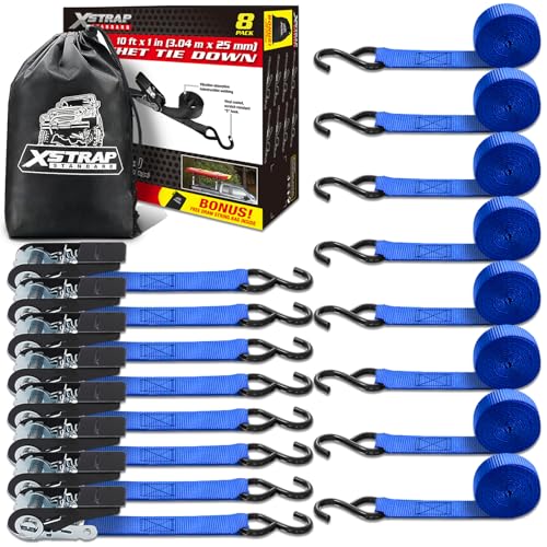 XSTRAP STANDARD Ratchet Tie Down Straps 8PK 1'' x 10 ft - 900 LB Break Strength Cargo Straps for Moving Appliances, Lawn Equipment, Motorcycle (Blue) - Image 1