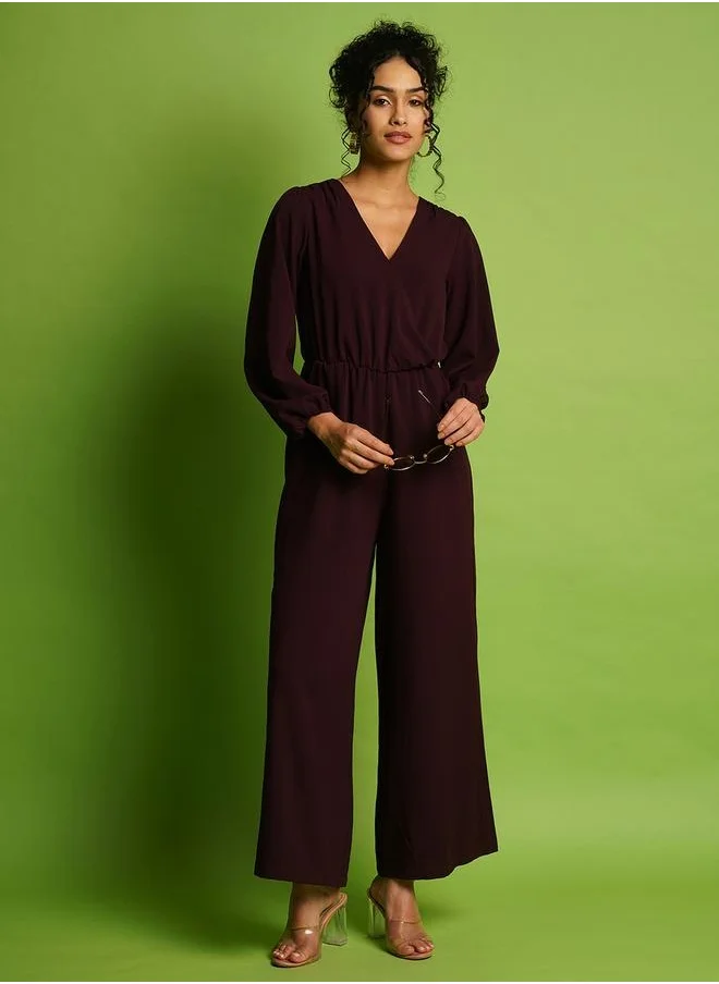 جلو باص Globus Women Wine Wrap Neck Bishop Sleeves Gathered Waist Longline Jumpsuit by Styli