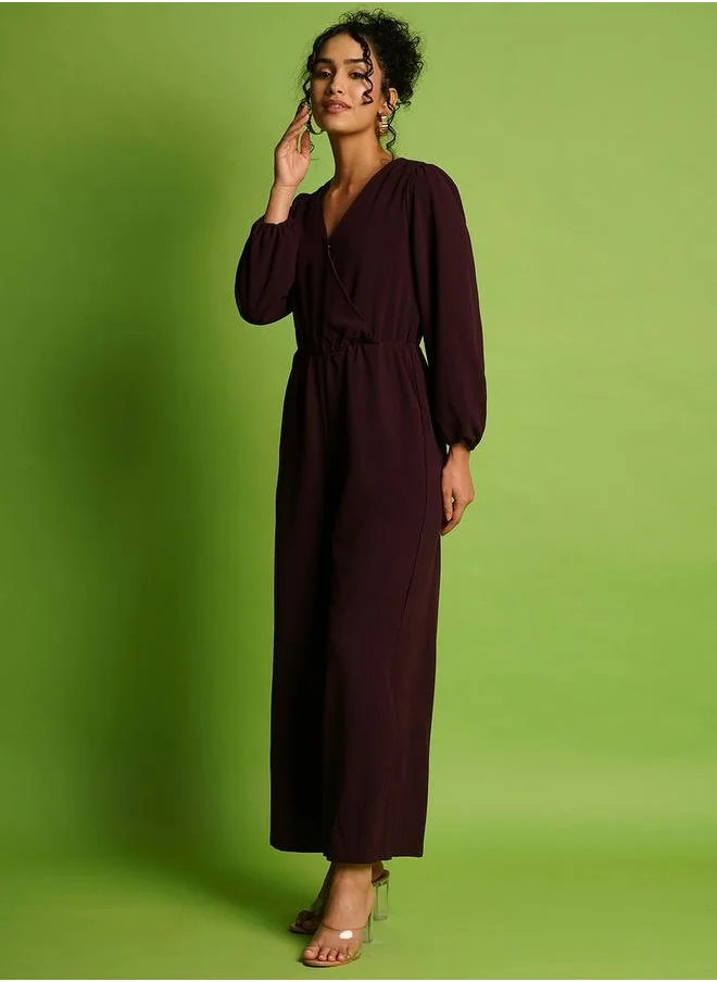 جلو باص Globus Women Wine Wrap Neck Bishop Sleeves Gathered Waist Longline Jumpsuit by Styli