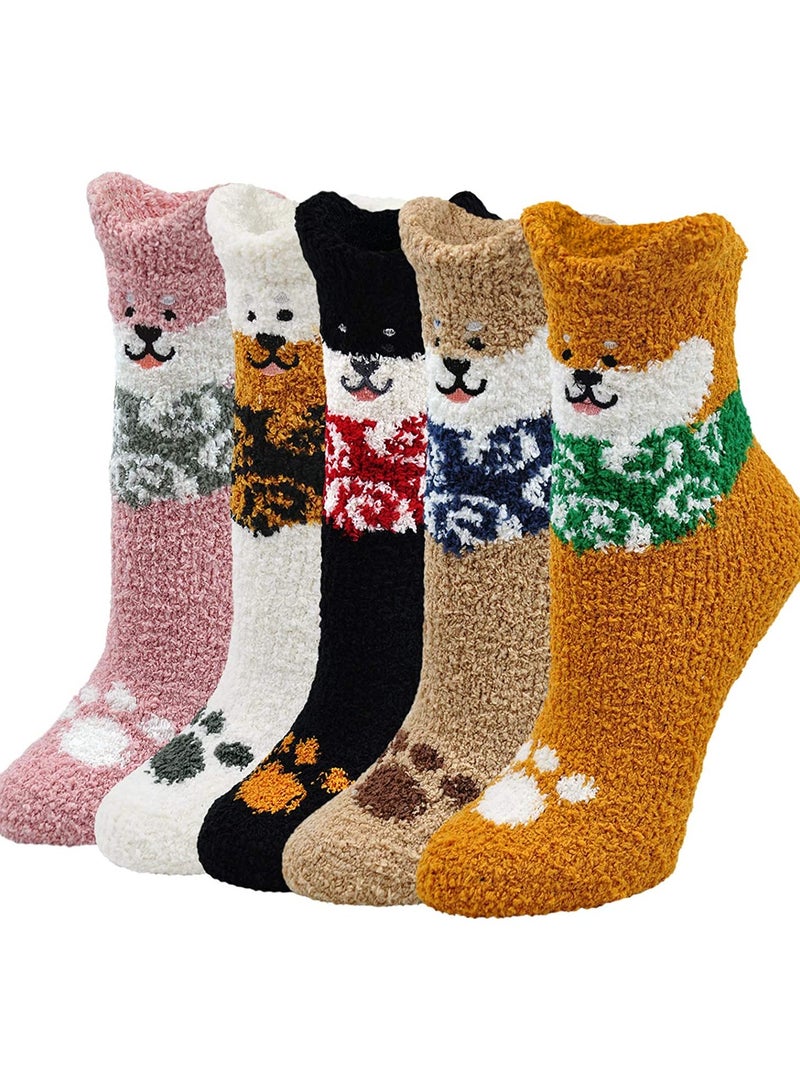 SYOSI Womens Fuzzy Socks Winter Warm Soft Fluffy Slipper Socks C ute Animal Crew Sock Sleeping Bed Cozy Socks,5 Pairs - Image 1