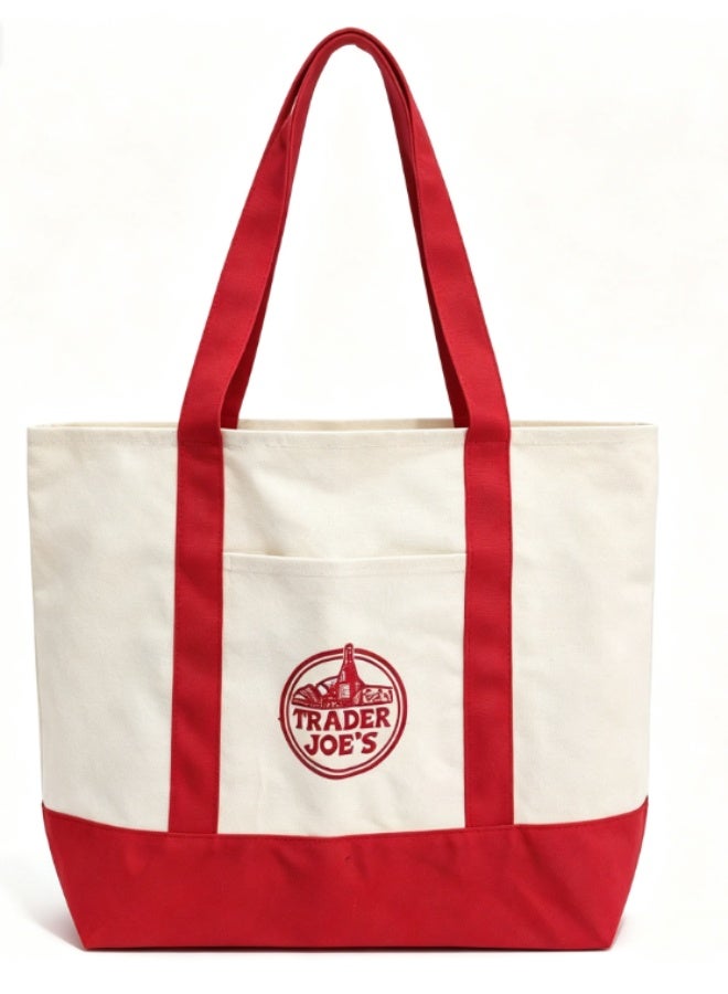 Trader Joe's Large Canvas Reusable Grocery Shoulder Tote Bag with Blank Surface for Personal DIY Painting Sticker Decorations- Red - Image 1