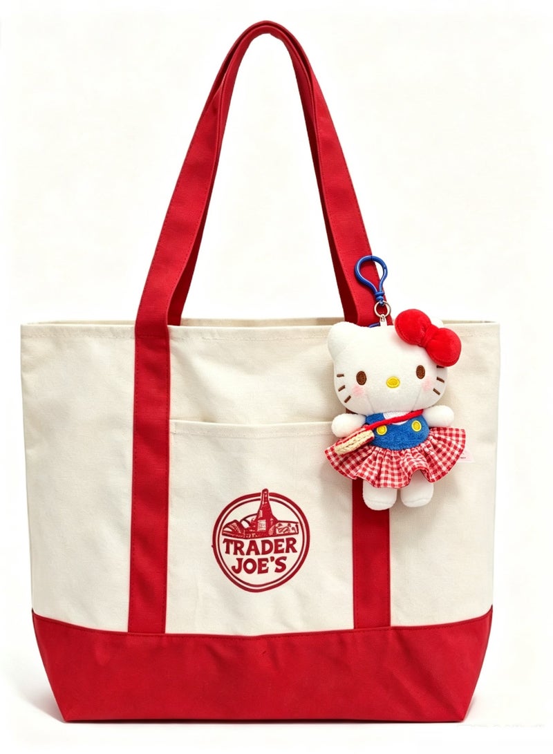 Trader Joe's Large Canvas Reusable Grocery Shoulder Tote Bag with Blank Surface for Personal DIY Painting Sticker Decorations- Red - Image 2