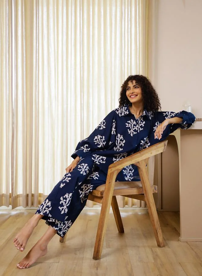 Sanskrutihomes  Navy Blue Relaxed Printed Collar Shirt and Pyjama Set for Women | Best Price UAE