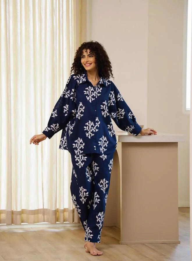 sanskrutihomes Navy Blue Relaxed Printed Collar Shirt and Pyjama Set