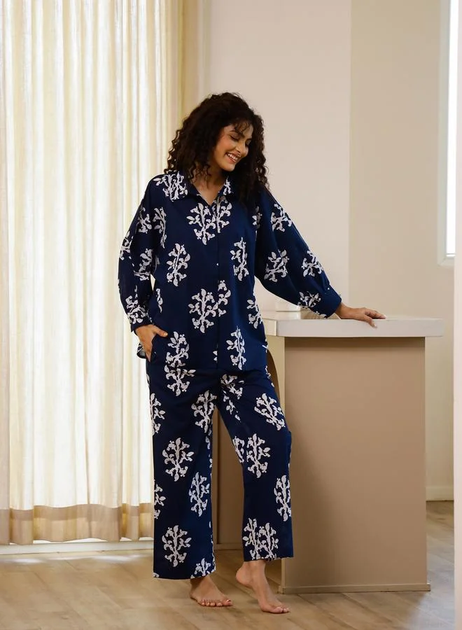 Sanskrutihomes  Navy Blue Relaxed Printed Collar Shirt and Pyjama Set for Women | Best Price UAE