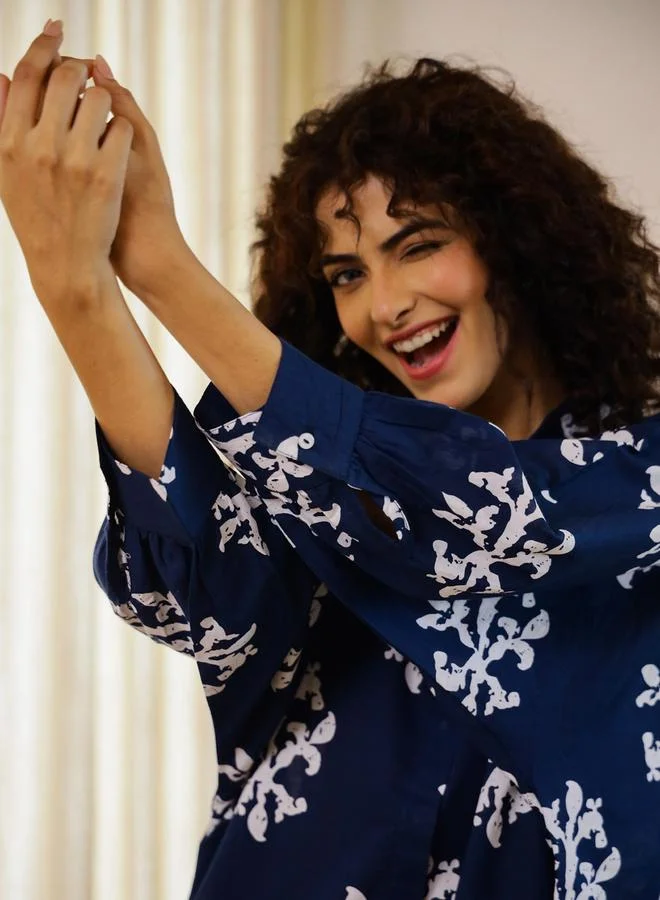 Sanskrutihomes  Navy Blue Relaxed Printed Collar Shirt and Pyjama Set for Women | Best Price UAE