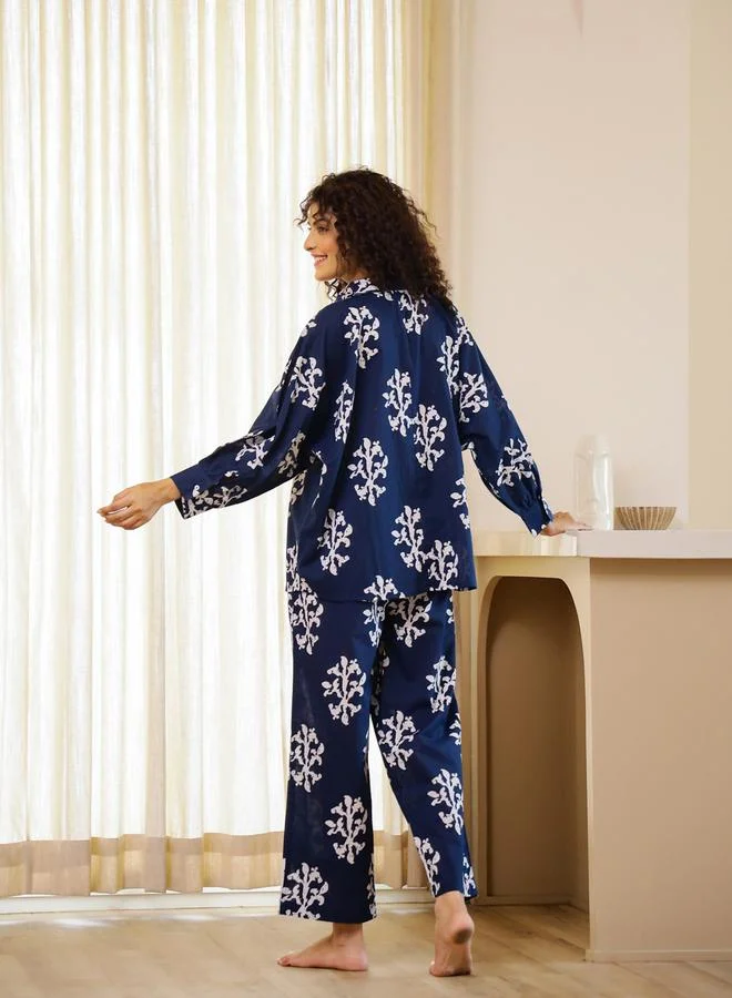 sanskrutihomes Navy Blue Relaxed Printed Collar Shirt and Pyjama Set