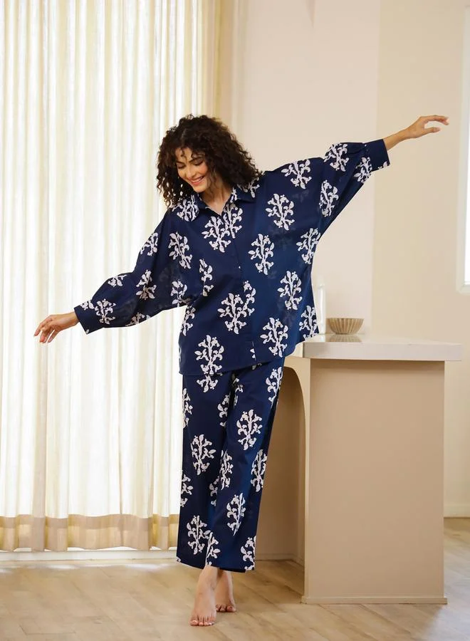 Sanskrutihomes  Navy Blue Relaxed Printed Collar Shirt and Pyjama Set for Women | Best Price UAE